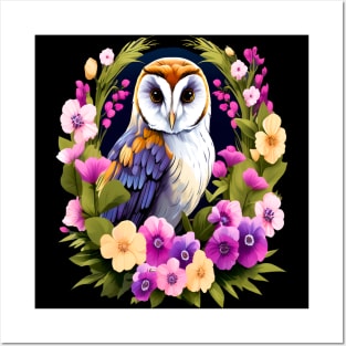 Cute European Barn Owl Surrounded by Bold Vibrant Spring Flowers Posters and Art